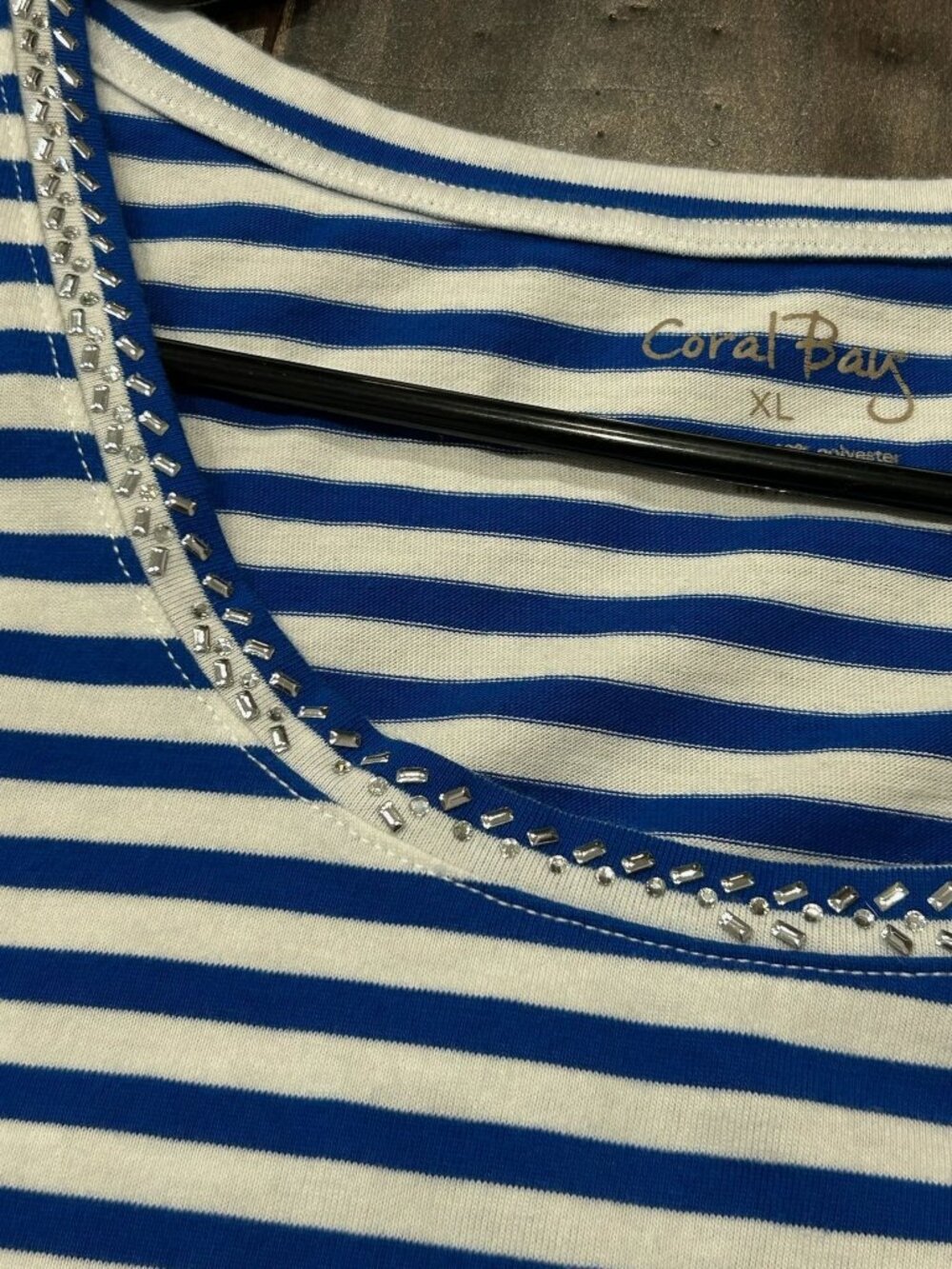 Coral Bay XL Blue White Striped Embellished Scoop Neck Tee Boho Chic Soft Girl - Picture 7 of 11